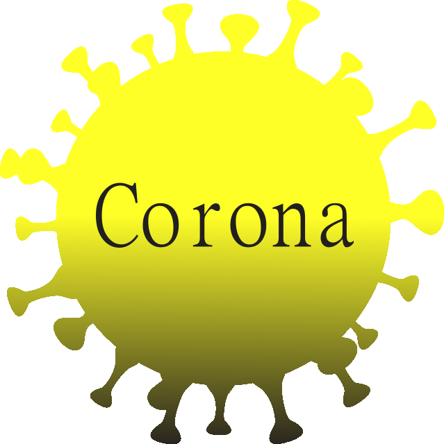 Gelbes Corona-Virus als Grafik mit Aufschrift Corona