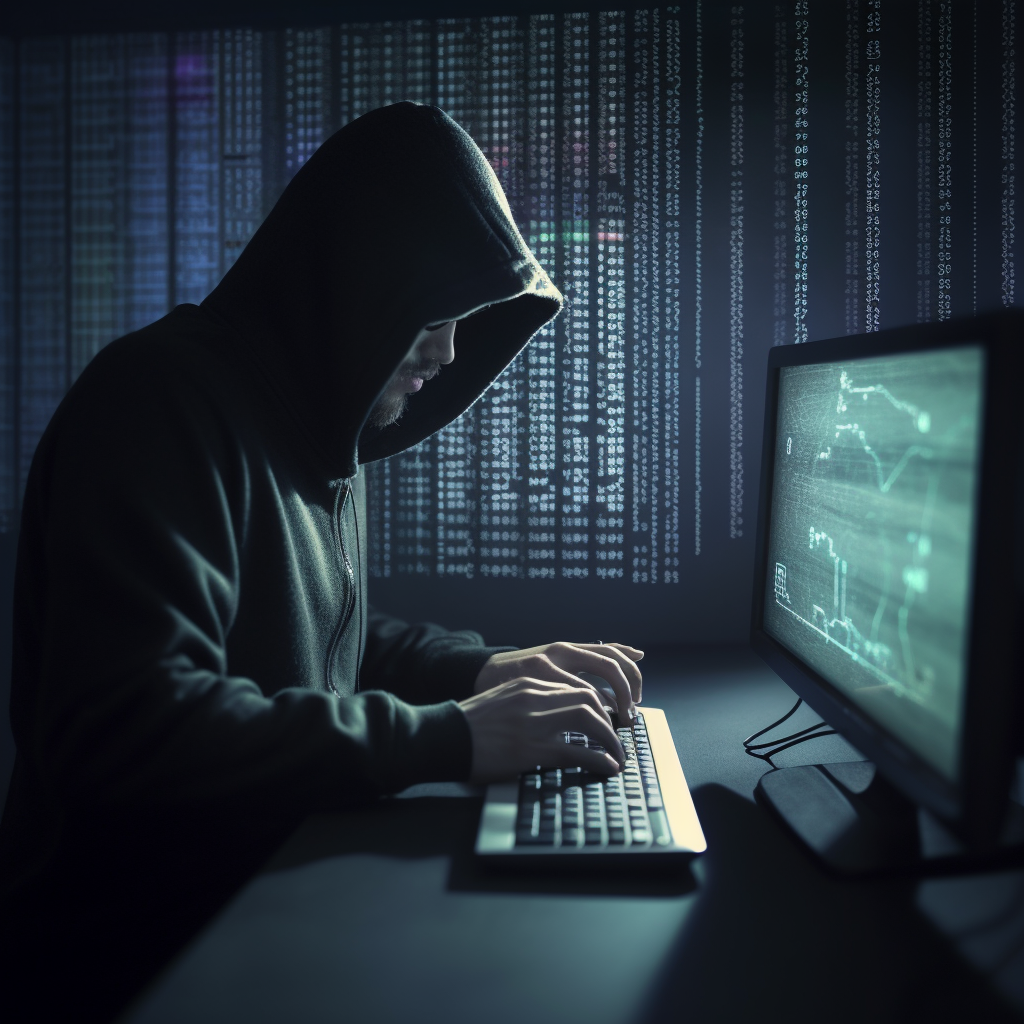 Hacker mit Hoodie vor einem Computerbildschirm in einem dunklen Raum - Aufmacherbild für Text Passwortschutz in der Apotheke